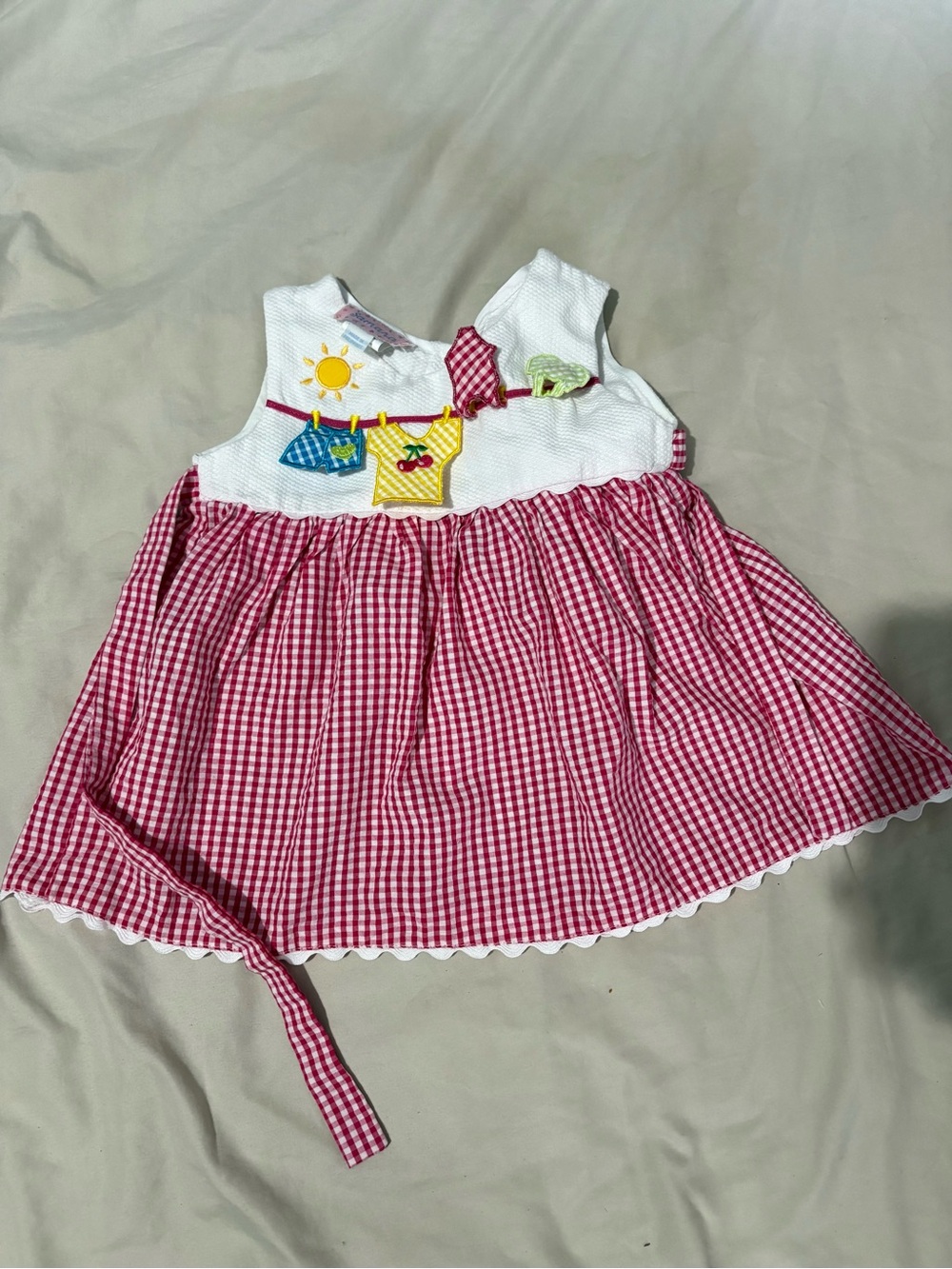 Red Gingham Baby Dress with Sunny Clothesline Appliqué